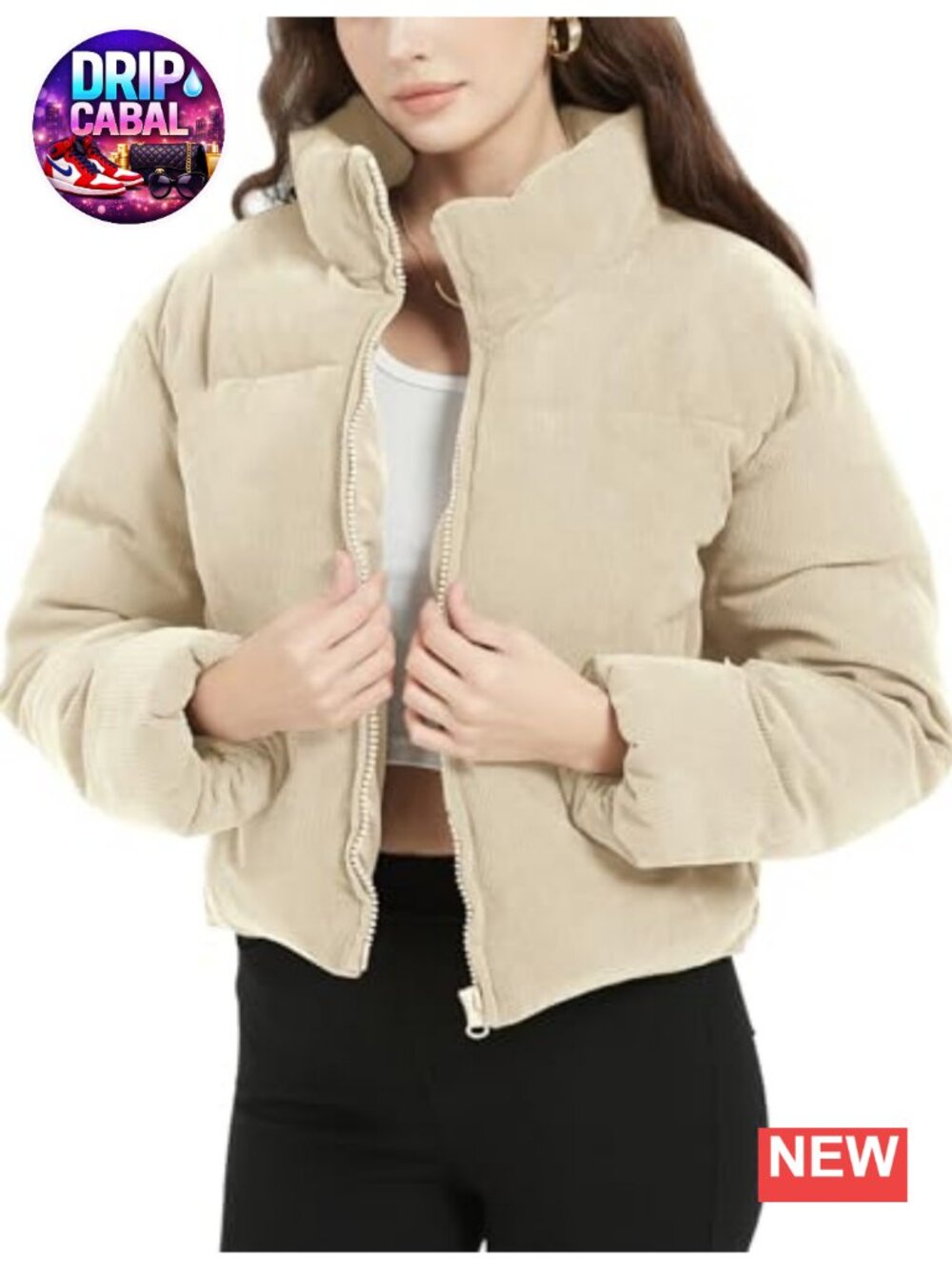 Womens Cropped Corduroy Puffer Jacket Winter Zip Quilted Down Coat